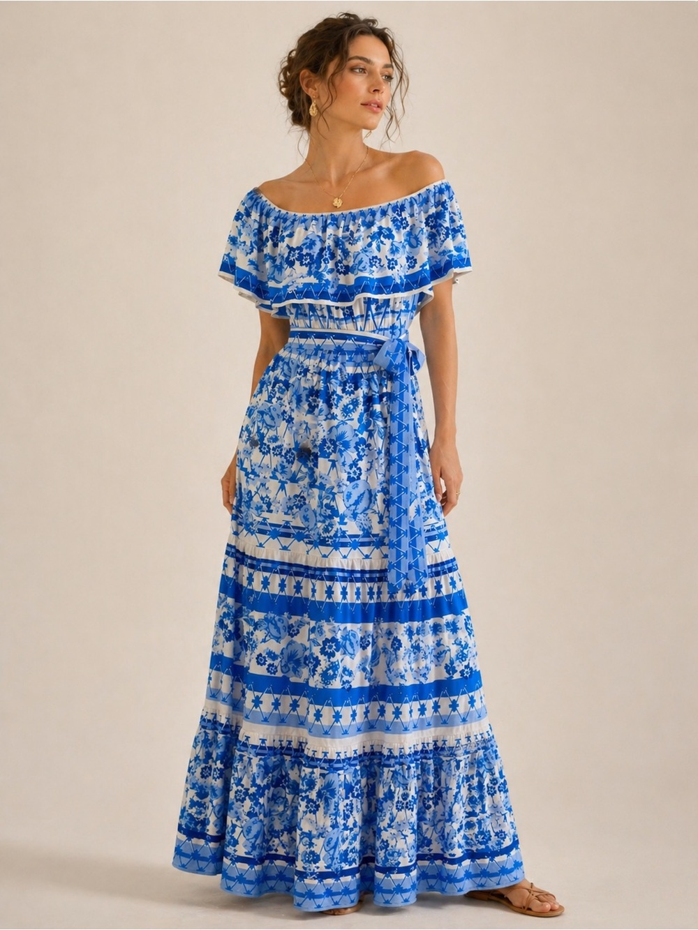 Flying Tomato | Anthropologie Blue & White Coastal Tile Off Shoulder Maxi Dress